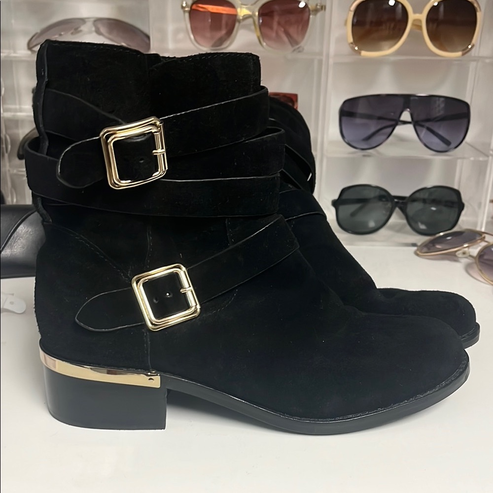 Vince Camuto Black and Gold Ankle Booties with Buckle Details